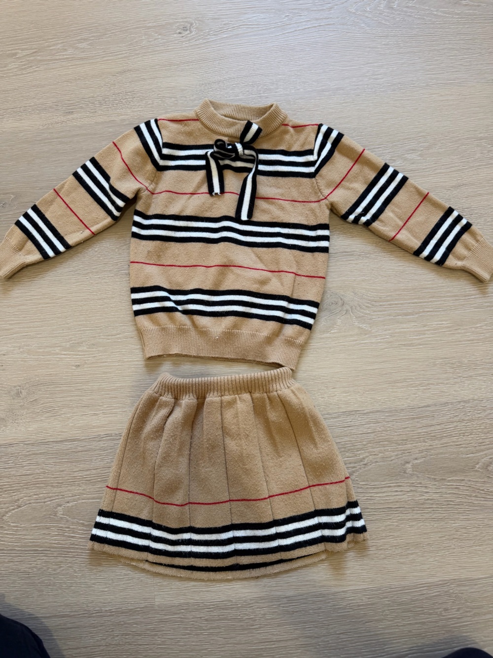 Burberry-Style Girls' Tan Striped Knit Dress Set